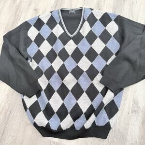 Jos A Bank V-Neck Sweater Mens XL Argyle Pattern 100% Merino Wool Black Gray